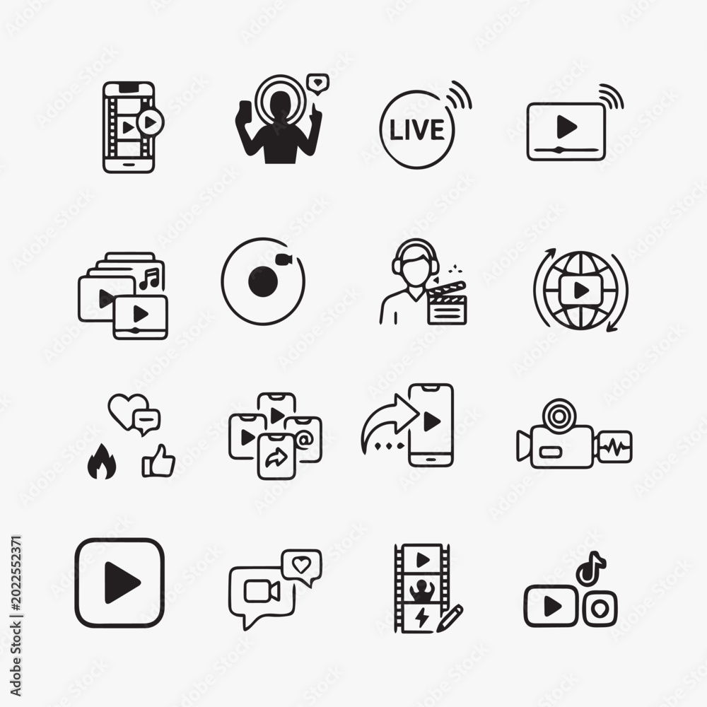 Fototapeta premium Short Video Content Icon Pack Vector, Social Media Reel and Streaming Outline Icons Set