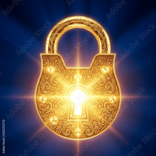 Ornate golden padlock glows with radiant light on a deep blue background