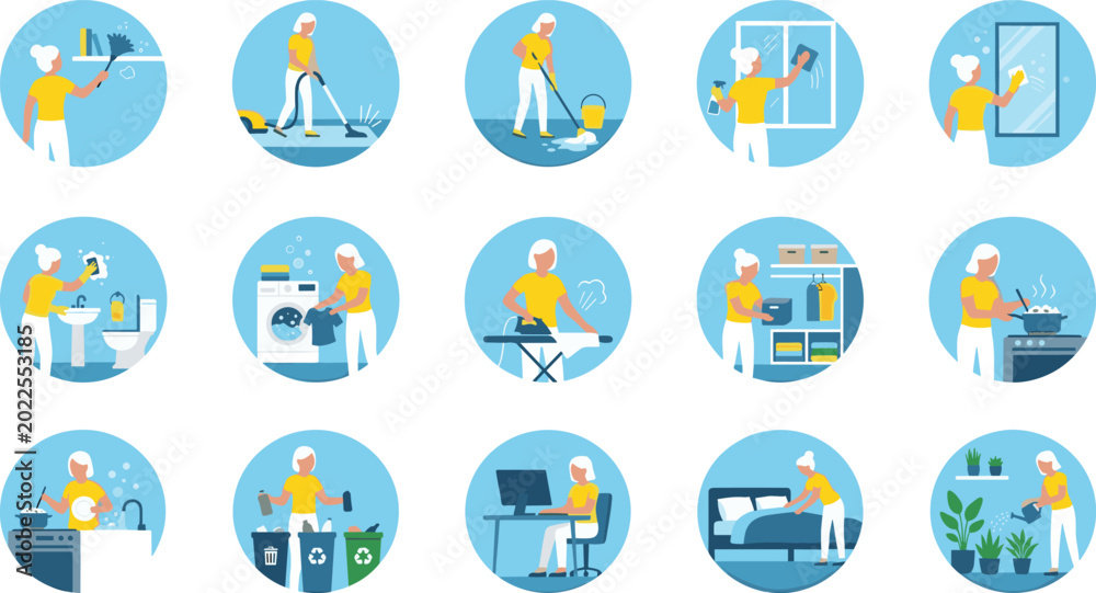 Fototapeta premium Household Chore Icon Collection with Cleaning Laundry Ironing Cooking Dishwashing Recycling Window Washing Desk Work Bed Making and Plant Care for Home Life and Domestic Task Designs.
