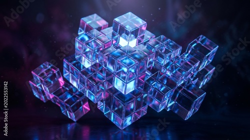 Interconnected Glass Cubes with Blue and Purple Neon Light