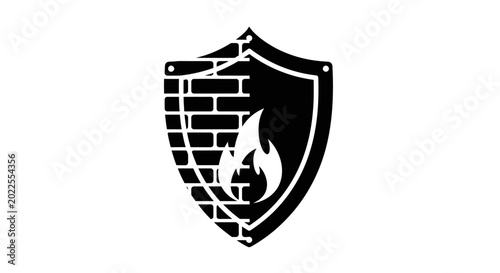 Shield with flame and brick wall.