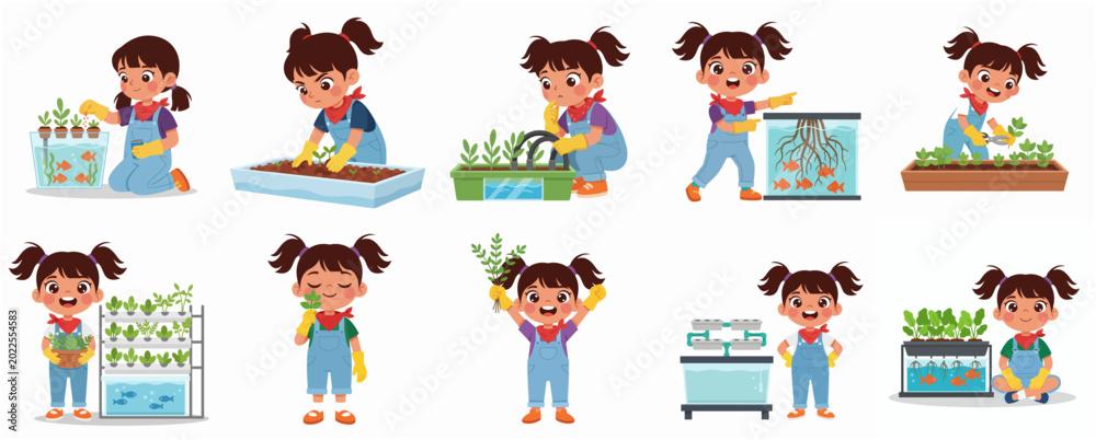 Fototapeta premium Cute little girl gardening with hydroponic and aquaponic systems set, sustainable indoor farming cartoon illustration