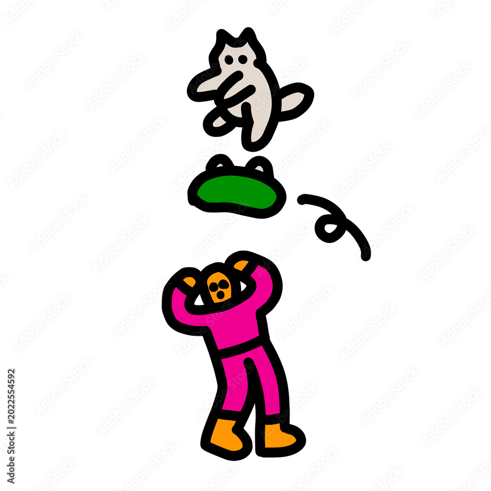Fototapeta premium Edgy character dodging flying white cat and green object