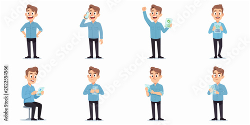 Set of Cartoon Young Man Character Illustrations in Various Poses using Digital Devices, Mobile Phone, and Showing Health Results or Medical Reports
