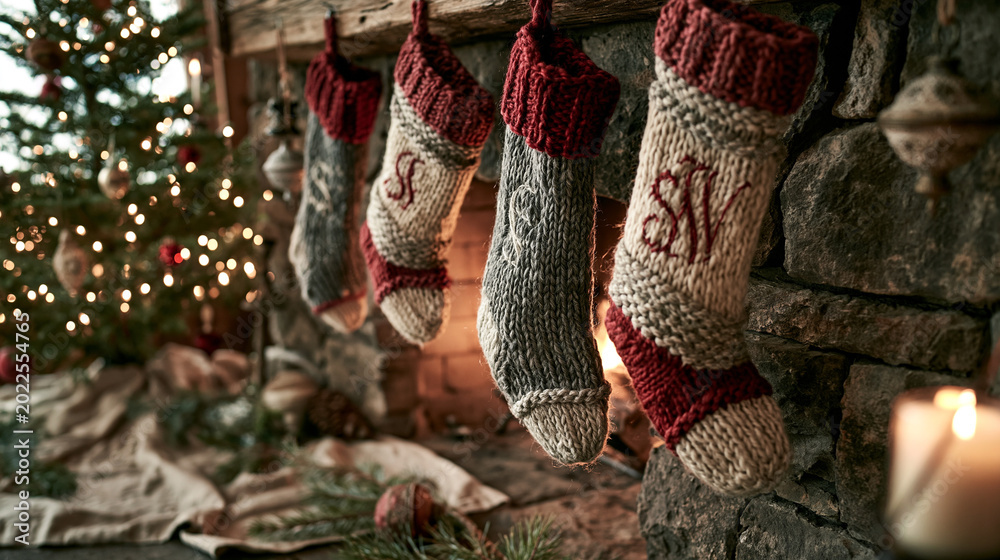 Obraz premium Handmade knitted Christmas stockings brighten a cozy fireplace setting