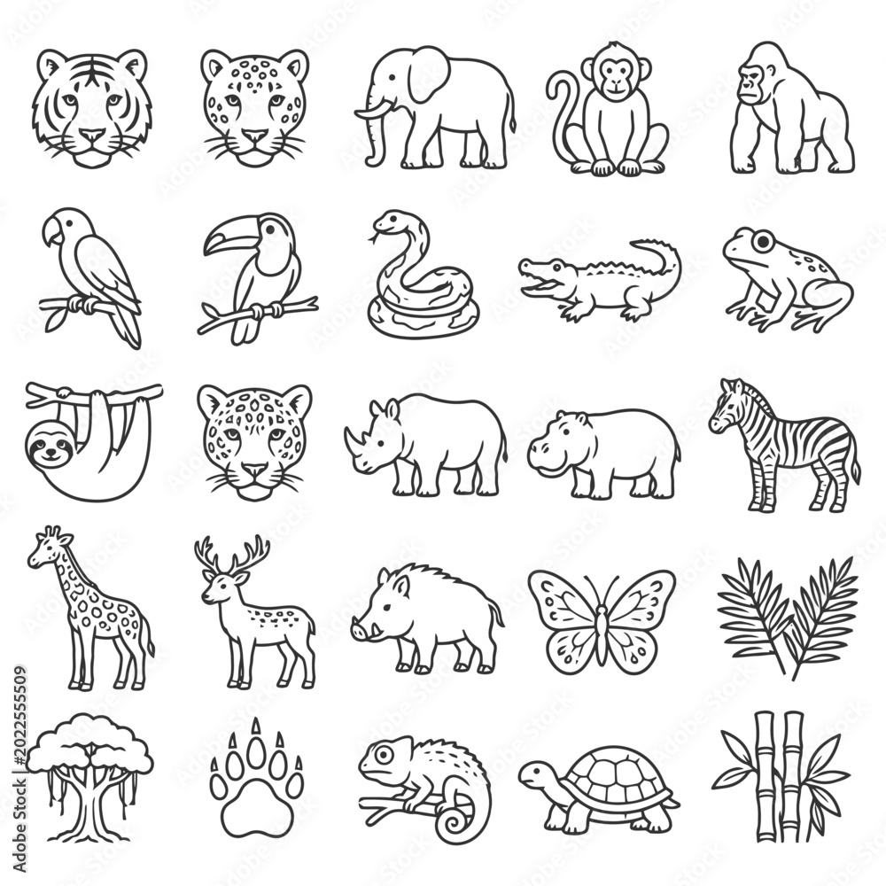 Fototapeta premium Collection of hand-drawn animal icons featuring wildlife diversity.