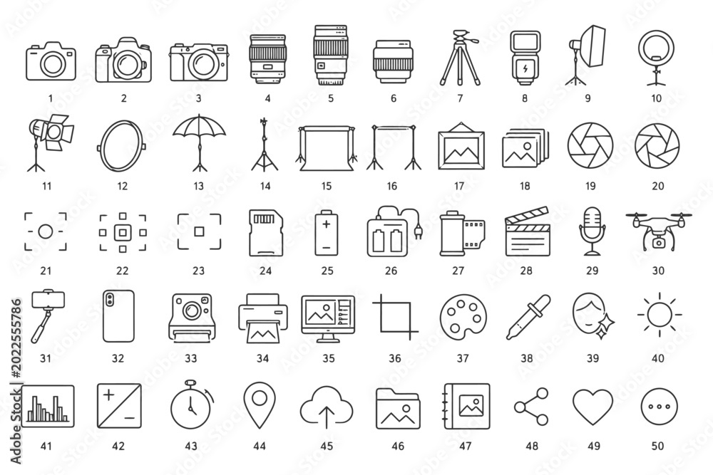 Fototapeta premium Photography equipment icons featuring cameras, lenses, lighting, and accessories.
