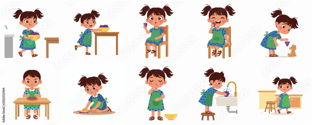 Fototapeta premium Cute Little Girl Character Set Washing and Eating Healthy Grapes and Daily Routine Activities Illustration