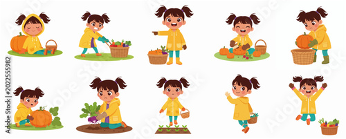 Cute little girl character set gardening and harvesting vegetables with various expressions and poses, featuring pumpkins and autumn harvest activities