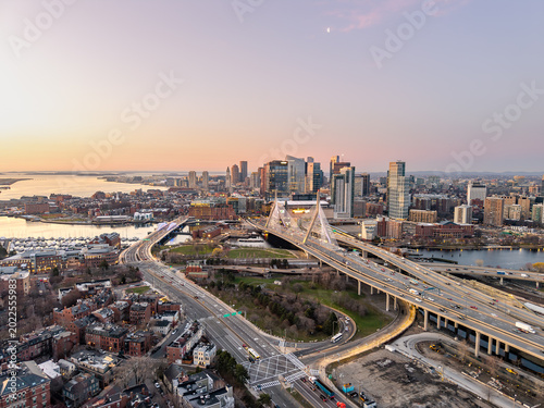 Boston skyline and Zakim Bridge from above at sunrise