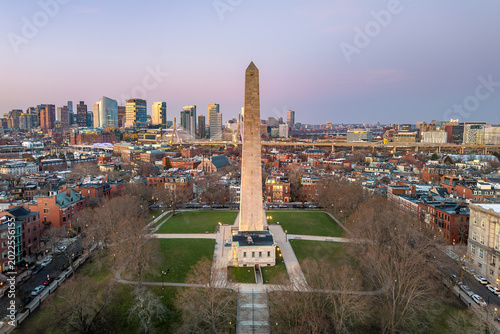 Bunker Hill Monument centered with Boston skyline behind