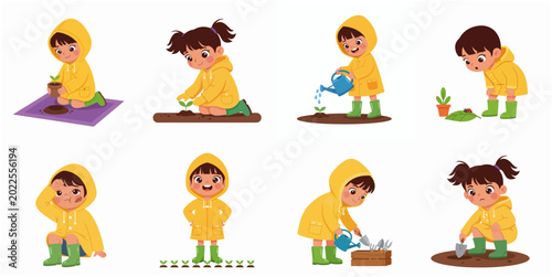 Cute little girl character set gardening in yellow raincoat and boots planting and watering plants