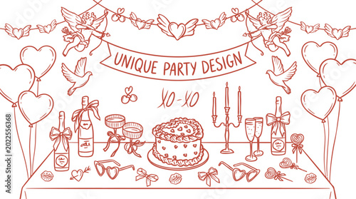 Schilderij op canvas Charming Hand-Drawn Vector Illustration of a Romantic Celebration Party Layout w