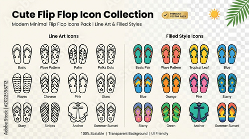 Photos Cute flip flop icon collection with line art and filled styles on transparent ba