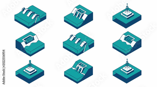 Bild auf Leinwand Collection of isometric illustrations depicting various types of hydroelectric dams and their structures