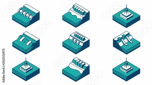 Foto Set of isometric illustrations depicting different types of dams and hydroelectric power plants