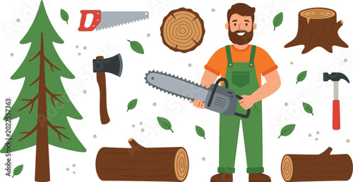 Valokuva Lumberjack Illustration with Trees Logs Chainsaw Axe Hammer and Handsaw for Forestry, Woodworking, Outdoor Work, DIY Projects, Construction, and Carpentry Designs