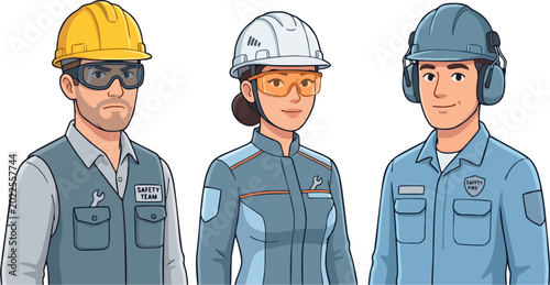 Quadro em tela Industrial Safety Team Cartoon Illustration — Male and Female Workers in Hard Ha
