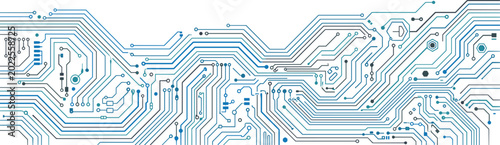 Fotografie Modern blue circuit board vector illustration featuring complex electrical trace lines and microchip nodes for digital technology networking and computer hardware background designs