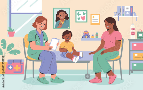 Pediatrician consulting with a young child and mother in a friendly medical clinic setting check up medical supplies flat illustration pediatrician healthcare check-up appointment clipboard