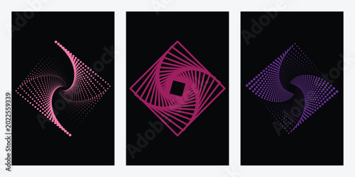 Geometric designs with pink and purple dot patterns and shapes on black background. Resizable and editable, EPS 10.