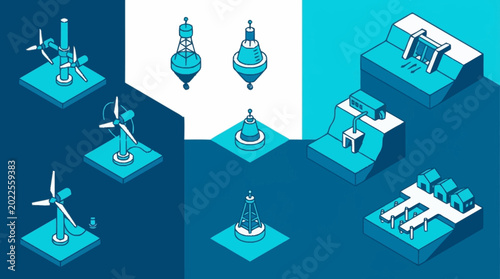 Foto Collection of isometric illustrations depicting renewable energy sources and infrastructure, including wind turbines and hydroelectric power