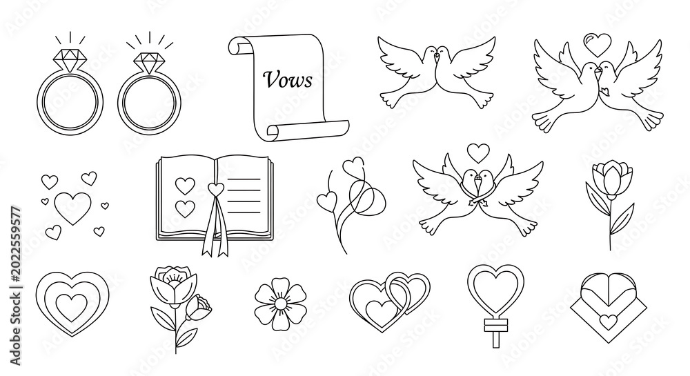Fototapeta premium Wedding set, love symbols isolated on a transparent background