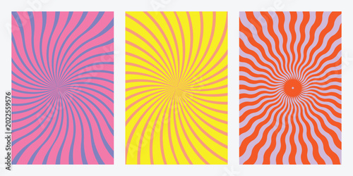Vibrant retro-style spiral patterns in pink, yellow and orange on white background pattern. Resizable and editable, EPS 10.