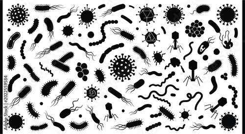 Black silhouettes of bacteria and viruses on a white background