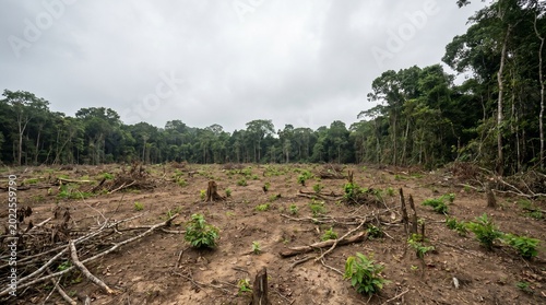 Deforestation Landscape With Cleared Forest and Young Plants