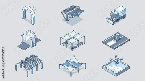 Fotografie Collection of isometric architectural elements including arches, canopies, and modern structures