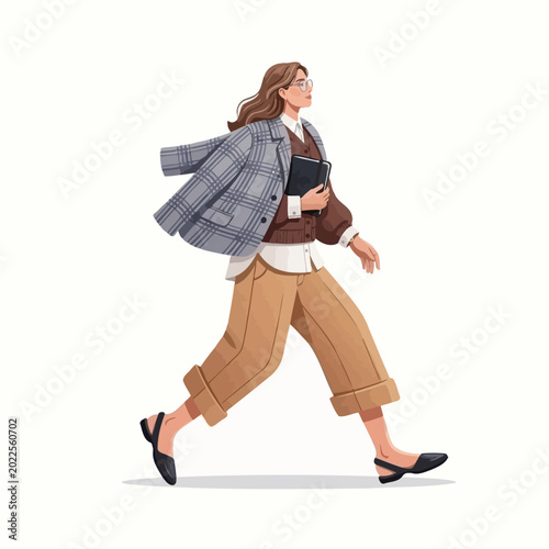 Slika na platnu Woman walks quickly outside in casual business attire holding books