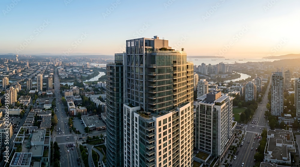 Obraz premium Vancouver Skyline at Sunset - High-Rise Building Dominates Urban Landscape.