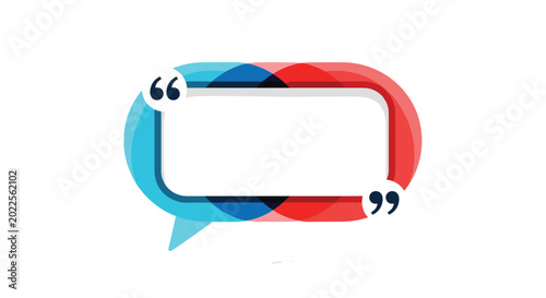 Modern speech bubble frame with overlapping blue and red circles and quotation marks for text on a white background.
