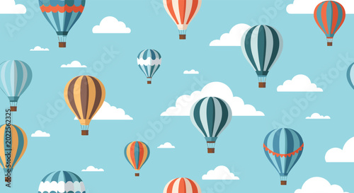 Dreamy seamless pattern featuring various patterned hot air balloons floating among soft white clouds in a bright blue sky.
