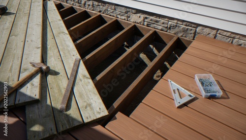 Foto High-angle view of a partially constructed deck with composite boards, exposed wooden joists, and construction tools resting on the surface near a stone-faced house wall