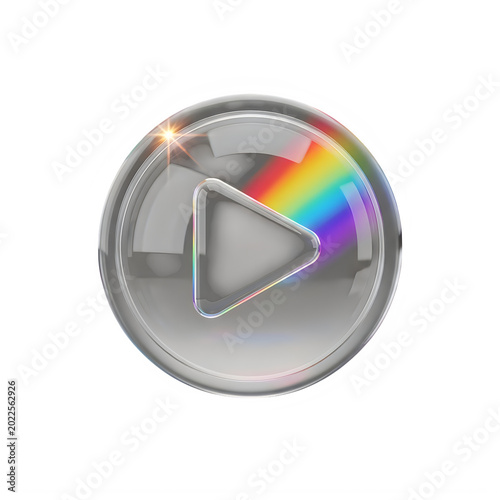 Abstract play button with prismatic rainbow glow isolated on transparent background