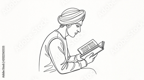 Quadro su tela Line-art vector of person wearing turban reading a book in attentive posture for