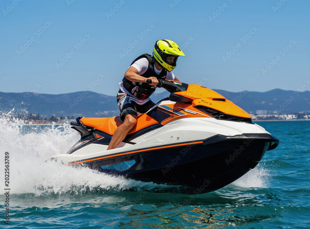 Fototapeta premium Man rides orange and white jet ski fast on blue ocean water. He wears yellow helmet and black life vest. Water splashes spray from the fast moving watercraft on bright sunny day.