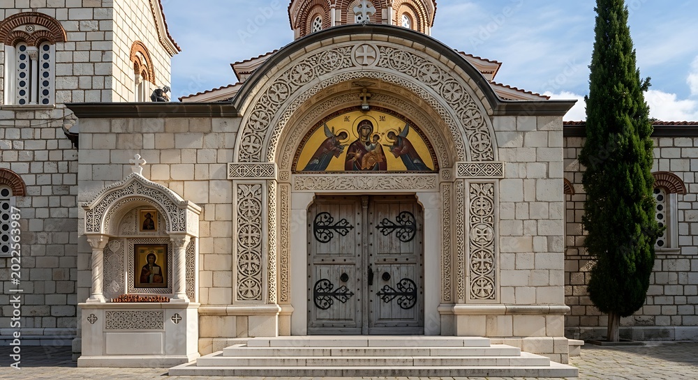 Obraz premium Ornate stone facade with mosaic of religious figures above double doors