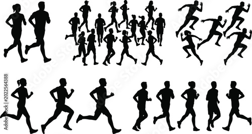 Fotografie Dynamic silhouettes of athletes running and jogging in various stride positions