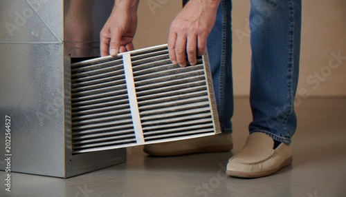 Foto A close-up view of a person replacing a dirty HVAC air filter in a metallic furnace unit, emphasizing routine home maintenance and air quality control