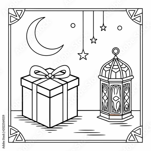 Foto Coloring sheet: gift moon stars traditional lantern with islamic lantern gift bo