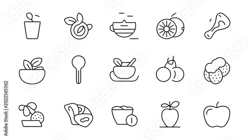 Foto A collection of diverse thin line icons representing various healthy food and dr