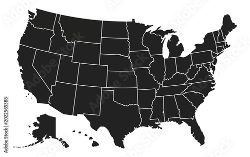 Schilderij op canvas United States Map Vector Illustration, Editable Black and White USA Map with Sep