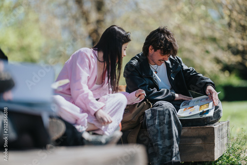 Foto Two school friends sit on a bench reading a magazine together outdoors