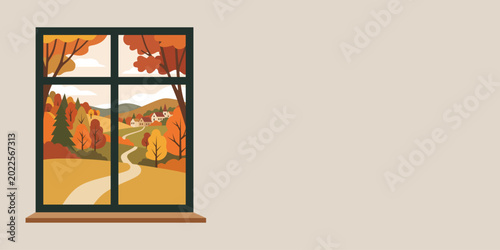 Fotografie Window view of rural village landscape in autumn season