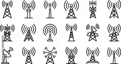 Photos Collection of wireless communication tower icons featuring cellular masts, satellite dishes, radio antennas, and signal transmitters for network connectivity and telecommunications infrastructure