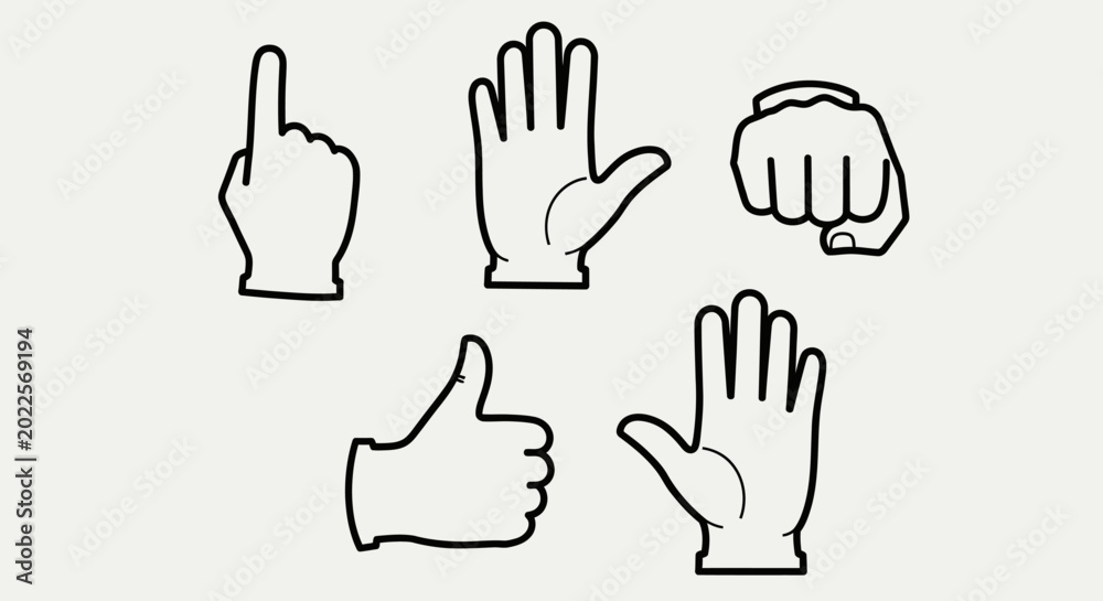 Fototapeta premium Set of Outline Hand Gestures Including Pointing, Open Palm, Fist, Thumbs Up, and Waving