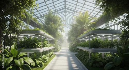 Futuristic Indoor Vertical Garden Greenhouse with Lush Tropical Plants and Glass Ceiling Sustainable Agriculture
